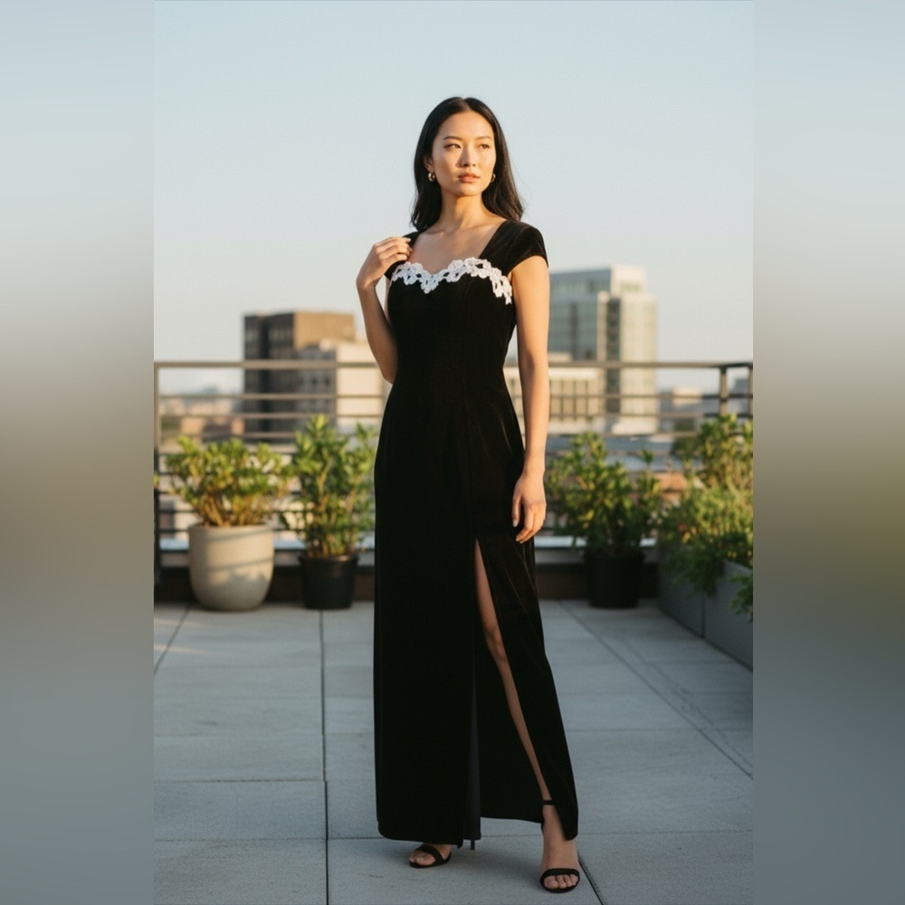 VTG 70s Roberta Velvet Evening Gown Lace Trim Size 10 Black Beaded Lace Trim